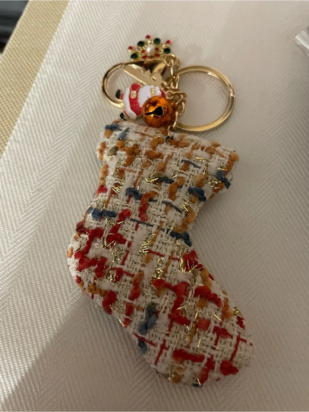 Tweed Christmas Stocking Keychain with Festive Charms nwt